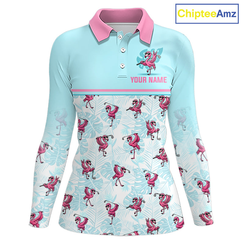 Custom Flamingo Womens Golf Polo Shirt Personalized Name & Team Outfits Light Blue Pink Preppy Golf Shirt NHT1229