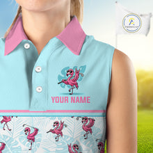 Load image into Gallery viewer, Custom Flamingo Womens Sleeveless Golf Polo Shirt Personalized Name Outfits Light Blue Pink Preppy Golf Shirt NHT1229
