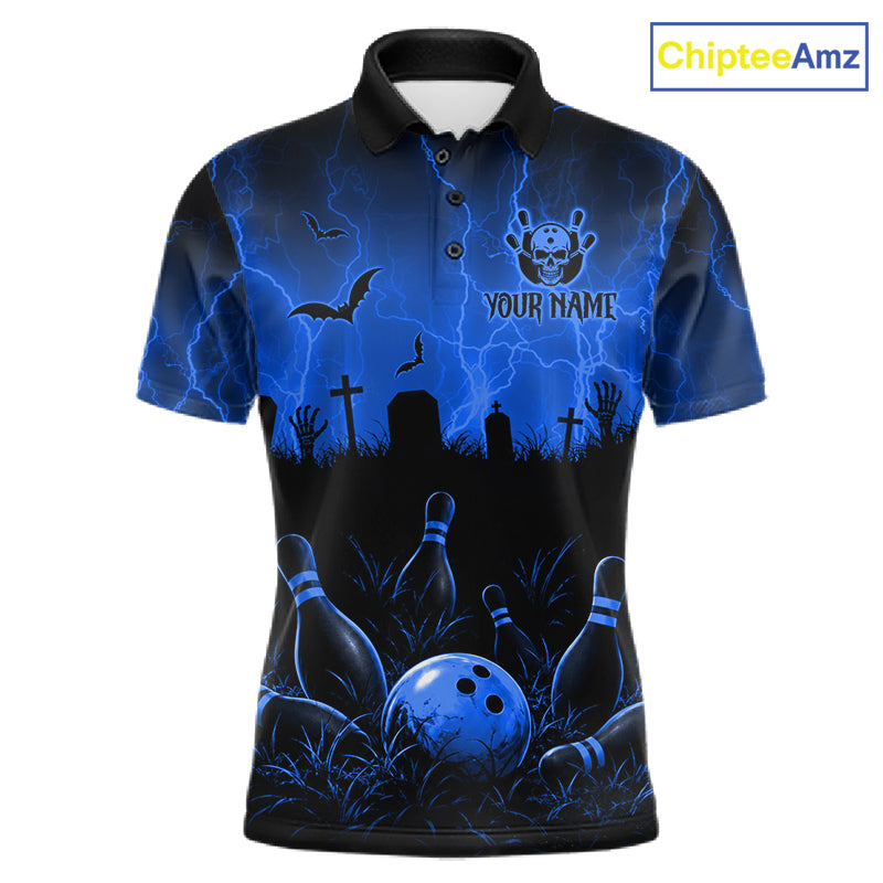 Blue Halloween Bowling Shirt, Personalized Skeleton Bowling Shirt With Custom Team Name For Men NHT1523