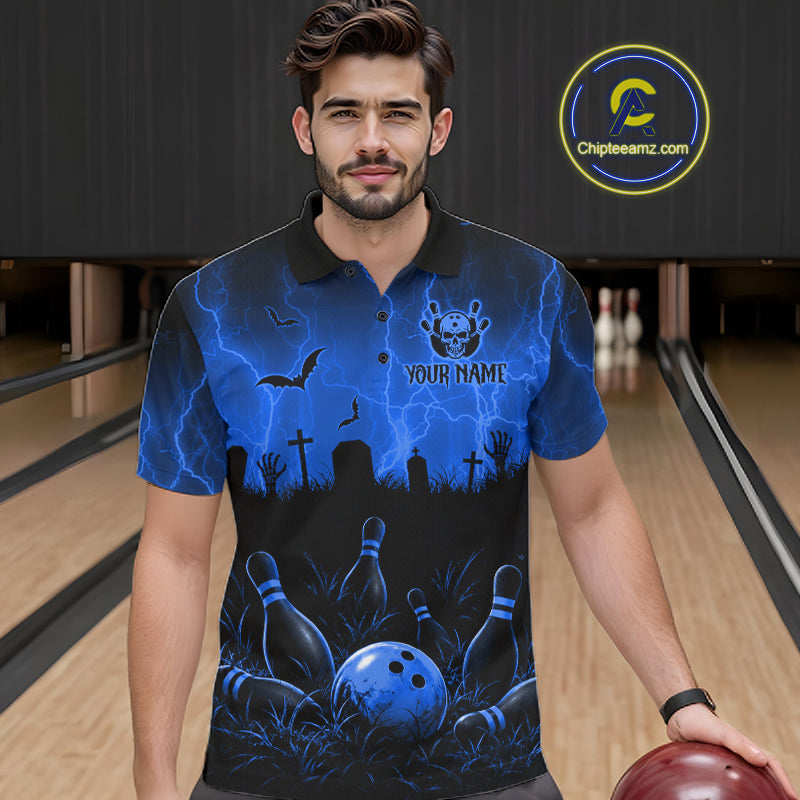 Blue Halloween Bowling Shirt, Personalized Skeleton Bowling Shirt With Custom Team Name For Men NHT1523