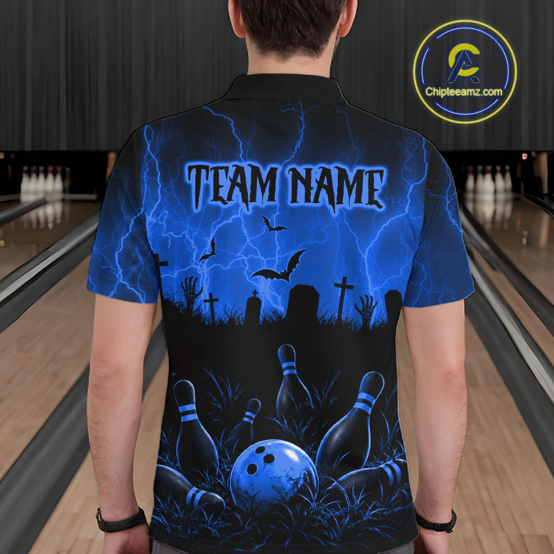 Blue Halloween Bowling Shirt, Personalized Skeleton Bowling Shirt With Custom Team Name For Men NHT1523