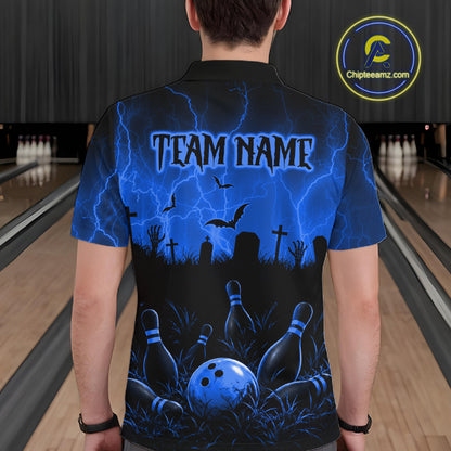 Blue Halloween Bowling Shirt, Personalized Skeleton Bowling Shirt With Custom Team Name For Men NHT1523