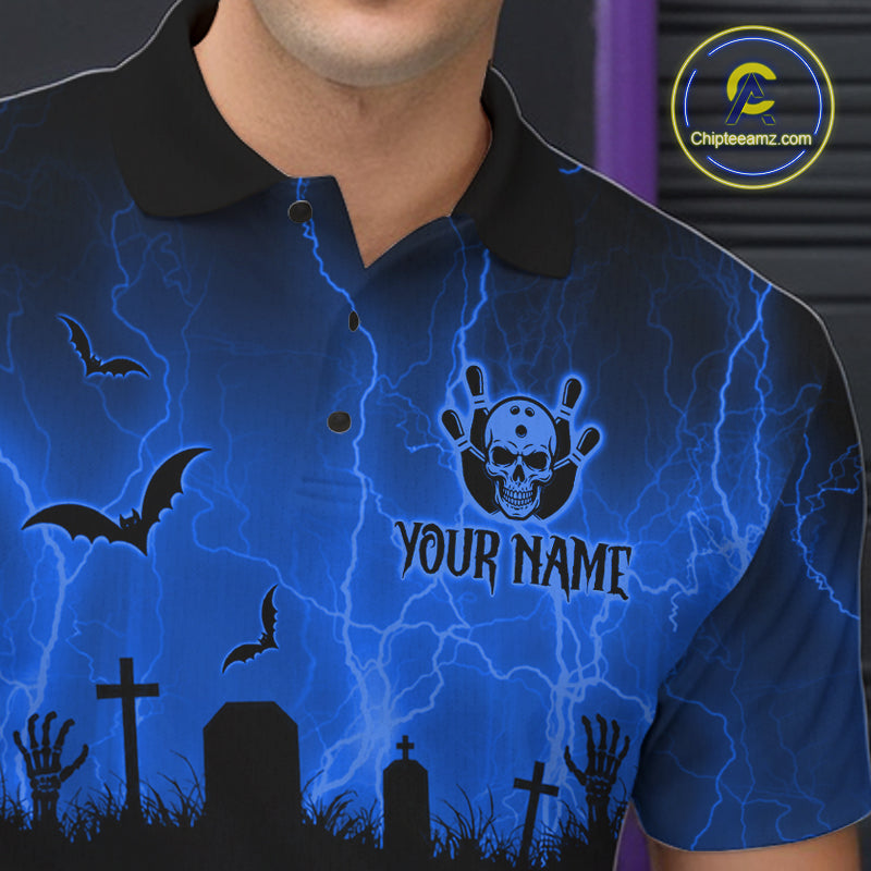 Blue Halloween Bowling Shirt, Personalized Skeleton Bowling Shirt With Custom Team Name For Men NHT1523