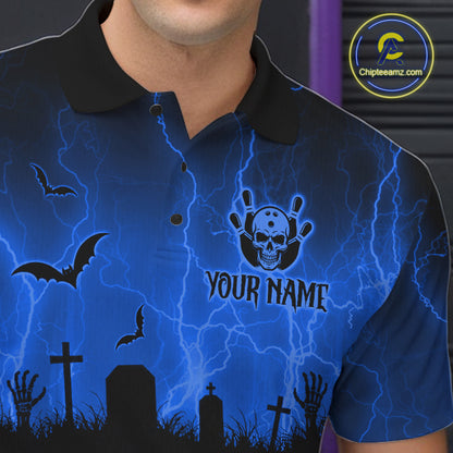 Blue Halloween Bowling Shirt, Personalized Skeleton Bowling Shirt With Custom Team Name For Men NHT1523
