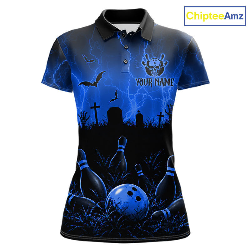 Blue Halloween Bowling Shirt, Personalized Skeleton Bowling Shirt With Custom Team Name For Women NHT1523