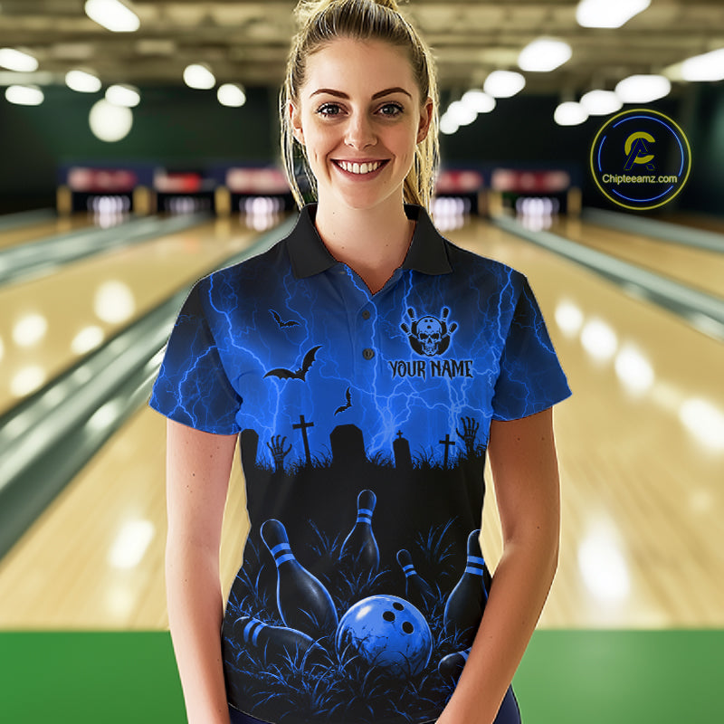 Blue Halloween Bowling Shirt, Personalized Skeleton Bowling Shirt With Custom Team Name For Women NHT1523