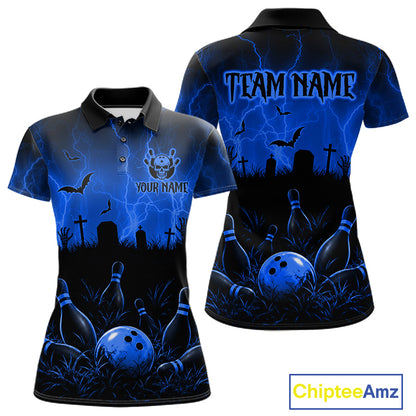 Blue Halloween Bowling Shirt, Personalized Skeleton Bowling Shirt With Custom Team Name For Women NHT1523