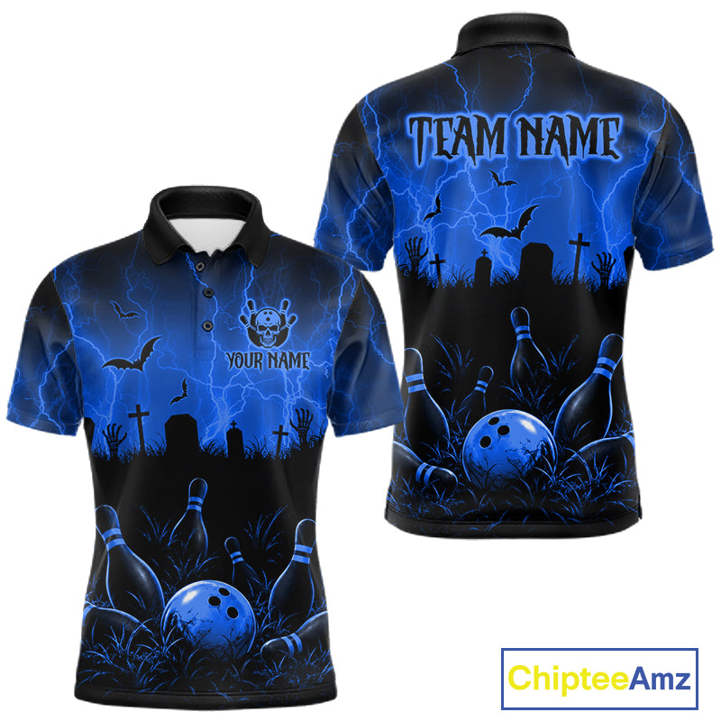 Blue Halloween Bowling Shirt, Personalized Skeleton Bowling Shirt With Custom Team Name For Men NHT1523