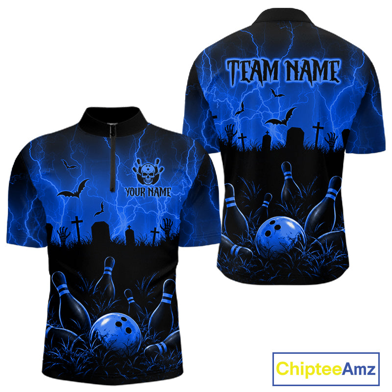 Blue Halloween Bowling Shirt, Personalized Skeleton Bowling Shirt With Custom Team Name For Men NHT1523