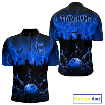 Blue Halloween Bowling Shirt, Personalized Skeleton Bowling Shirt With Custom Team Name For Men NHT1523