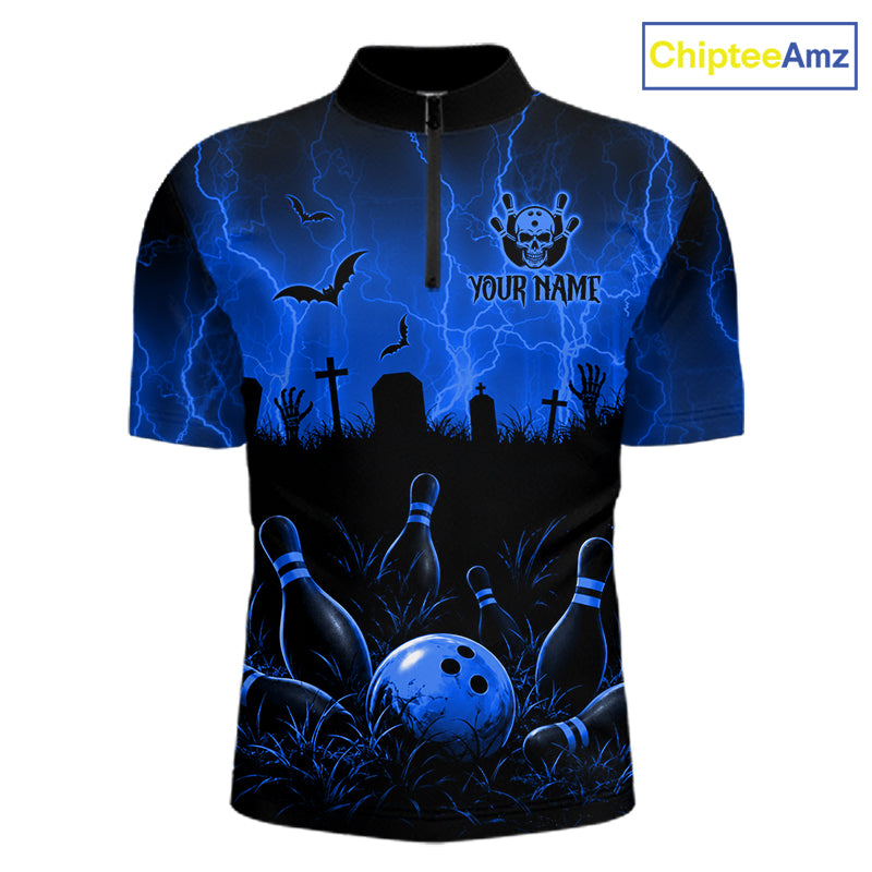 Blue Halloween Bowling Shirt, Personalized Skeleton Bowling Shirt With Custom Team Name For Men NHT1523