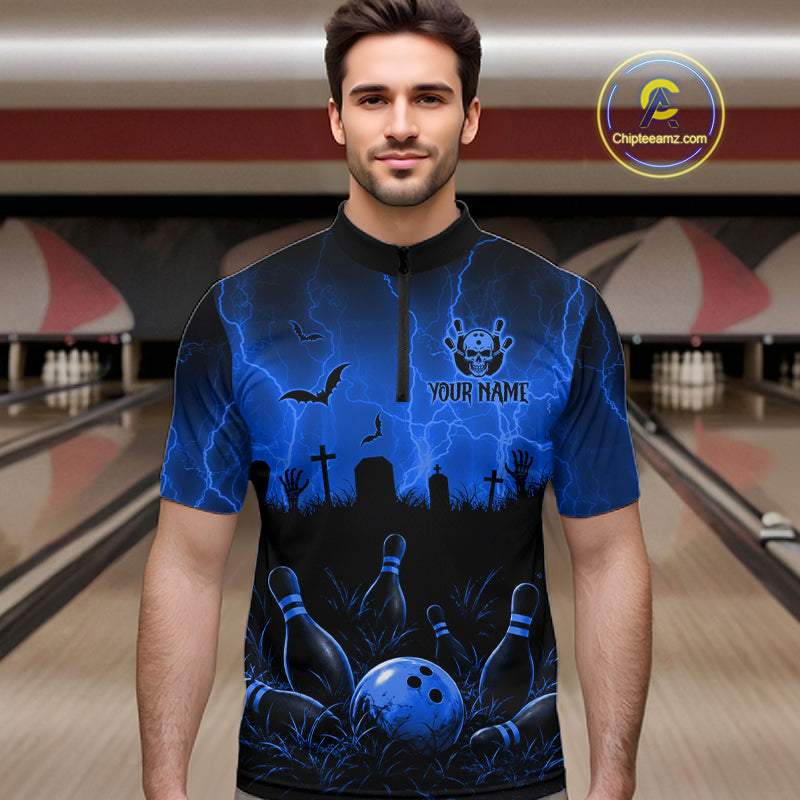 Blue Halloween Bowling Shirt, Personalized Skeleton Bowling Shirt With Custom Team Name For Men NHT1523