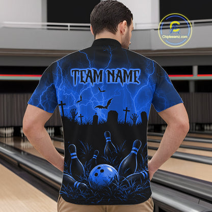 Blue Halloween Bowling Shirt, Personalized Skeleton Bowling Shirt With Custom Team Name For Men NHT1523