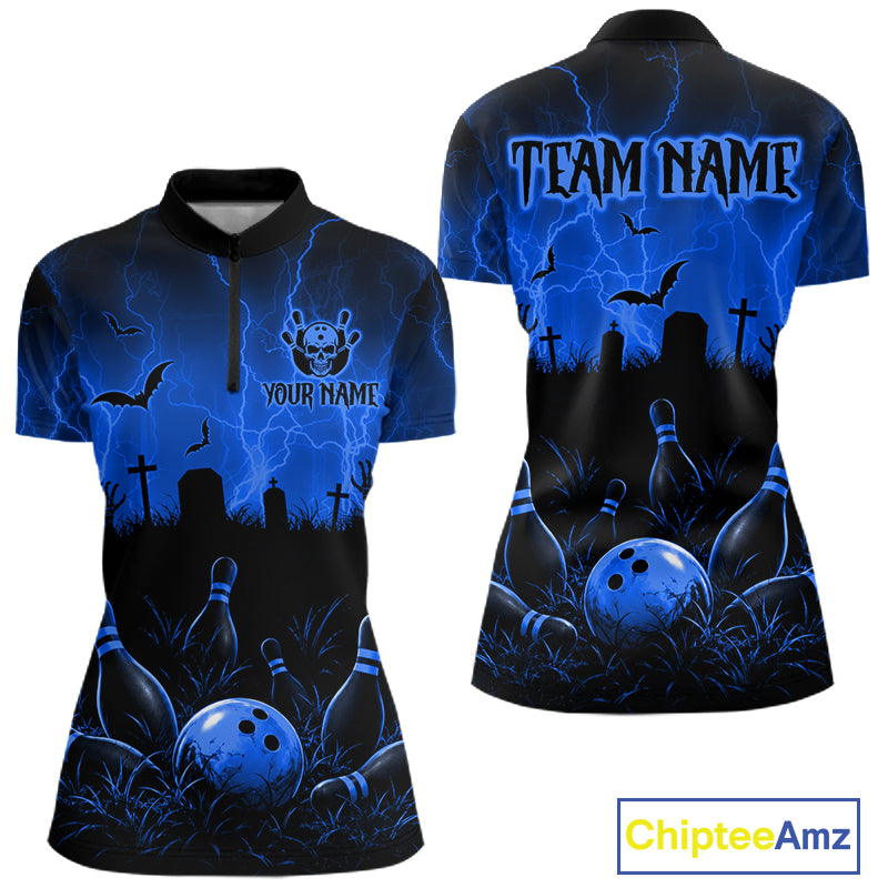 Blue Halloween Bowling Shirt, Personalized Skeleton Bowling Shirt With Custom Team Name For Women NHT1523