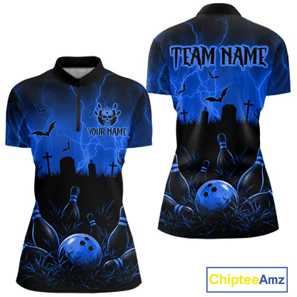 Blue Halloween Bowling Shirt, Personalized Skeleton Bowling Shirt With Custom Team Name For Women NHT1523