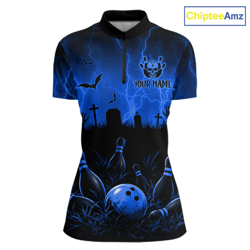 Blue Halloween Bowling Shirt, Personalized Skeleton Bowling Shirt With Custom Team Name For Women NHT1523