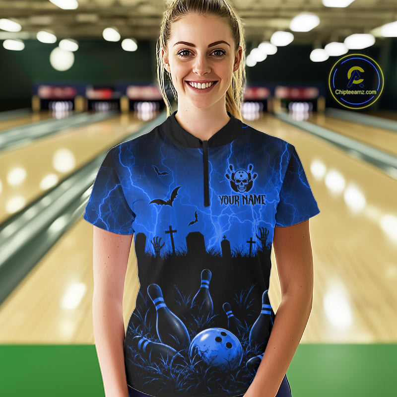 Blue Halloween Bowling Shirt, Personalized Skeleton Bowling Shirt With Custom Team Name For Women NHT1523