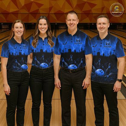 Blue Halloween Bowling Shirt, Personalized Skeleton Bowling Shirt With Custom Team Name For Women NHT1523