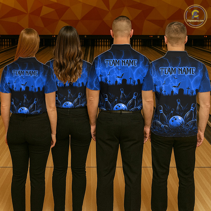 Blue Halloween Bowling Shirt, Personalized Skeleton Bowling Shirt With Custom Team Name For Women NHT1523