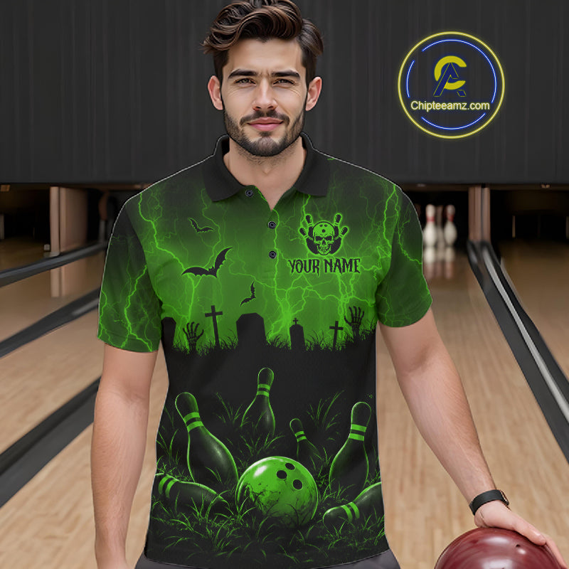 Green Halloween Bowling Shirt, Personalized Skeleton Bowling Shirt With Custom Team Name For Men NHT1524