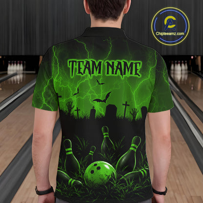 Green Halloween Bowling Shirt, Personalized Skeleton Bowling Shirt With Custom Team Name For Men NHT1524