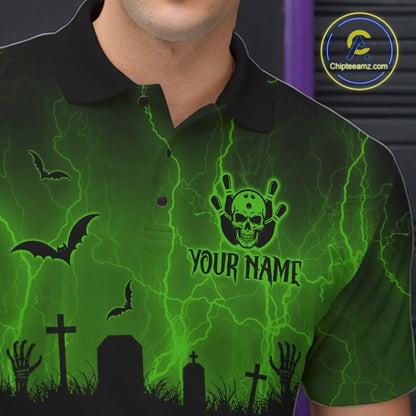 Green Halloween Bowling Shirt, Personalized Skeleton Bowling Shirt With Custom Team Name For Men NHT1524