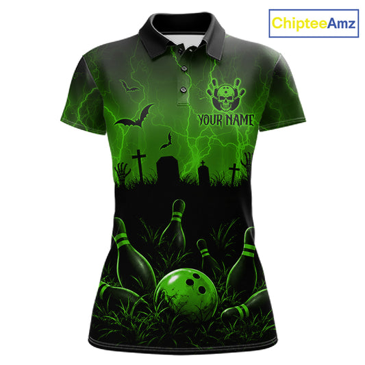 Green Halloween Bowling Shirt, Personalized Skeleton Bowling Shirt With Custom Team Name For Women NHT1524