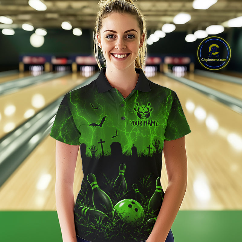 Green Halloween Bowling Shirt, Personalized Skeleton Bowling Shirt With Custom Team Name For Women NHT1524
