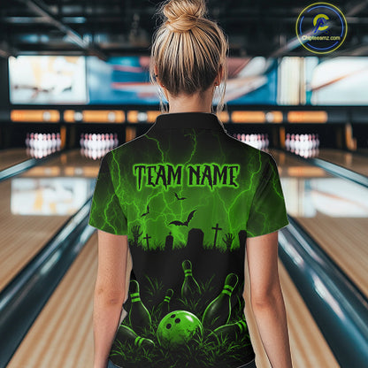 Green Halloween Bowling Shirt, Personalized Skeleton Bowling Shirt With Custom Team Name For Women NHT1524
