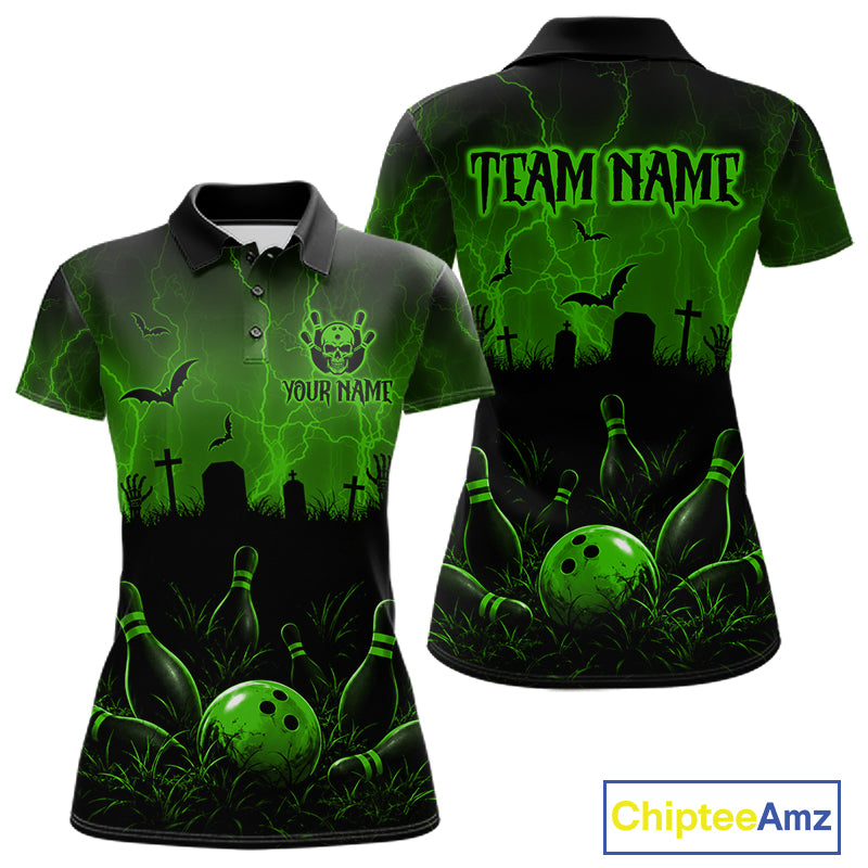 Green Halloween Bowling Shirt, Personalized Skeleton Bowling Shirt With Custom Team Name For Women NHT1524