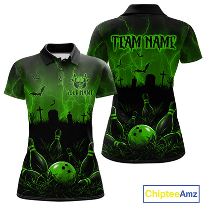 Green Halloween Bowling Shirt, Personalized Skeleton Bowling Shirt With Custom Team Name For Women NHT1524