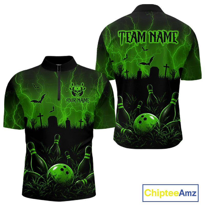 Green Halloween Bowling Shirt, Personalized Skeleton Bowling Shirt With Custom Team Name For Men NHT1524