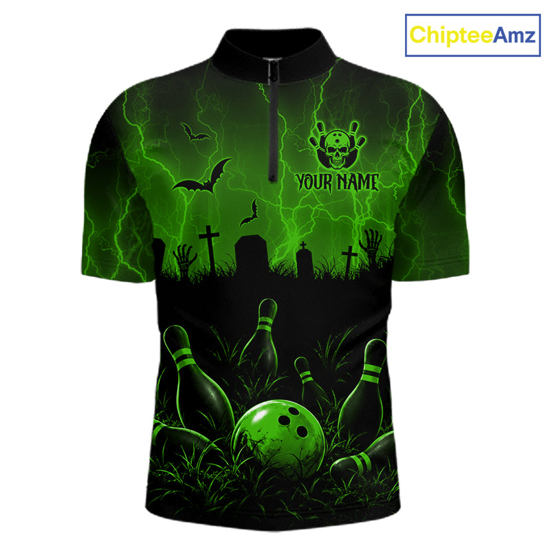 Green Halloween Bowling Shirt, Personalized Skeleton Bowling Shirt With Custom Team Name For Men NHT1524