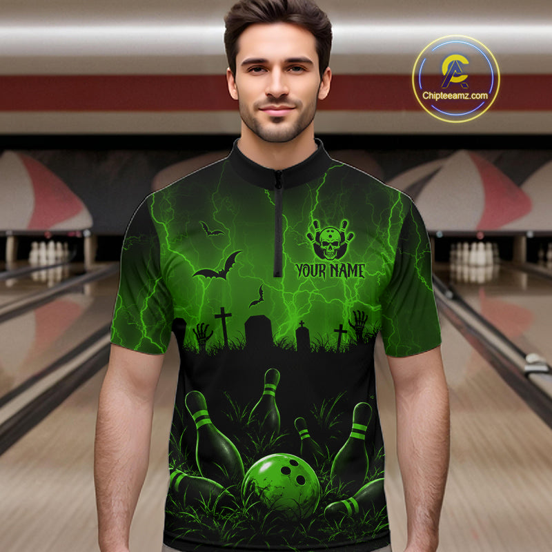 Green Halloween Bowling Shirt, Personalized Skeleton Bowling Shirt With Custom Team Name For Men NHT1524