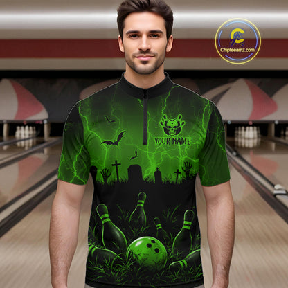 Green Halloween Bowling Shirt, Personalized Skeleton Bowling Shirt With Custom Team Name For Men NHT1524