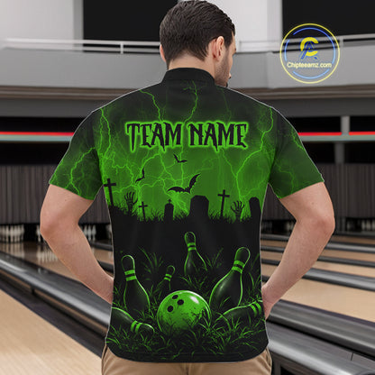 Green Halloween Bowling Shirt, Personalized Skeleton Bowling Shirt With Custom Team Name For Men NHT1524