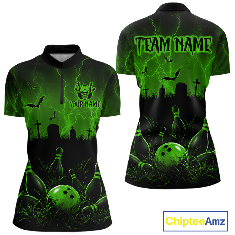 Green Halloween Bowling Shirt, Personalized Skeleton Bowling Shirt With Custom Team Name For Women NHT1524
