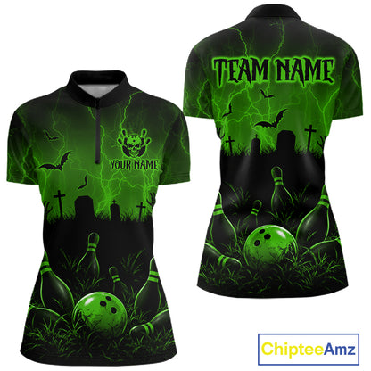 Green Halloween Bowling Shirt, Personalized Skeleton Bowling Shirt With Custom Team Name For Women NHT1524