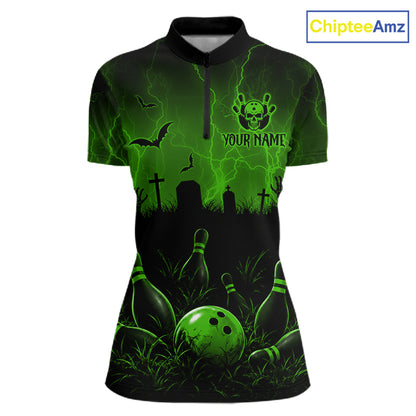 Green Halloween Bowling Shirt, Personalized Skeleton Bowling Shirt With Custom Team Name For Women NHT1524