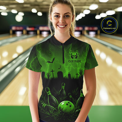 Green Halloween Bowling Shirt, Personalized Skeleton Bowling Shirt With Custom Team Name For Women NHT1524