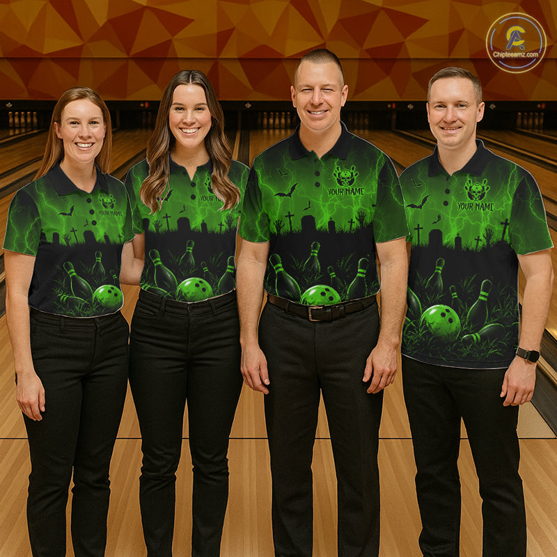 Green Halloween Bowling Shirt, Personalized Skeleton Bowling Shirt With Custom Team Name For Men NHT1524