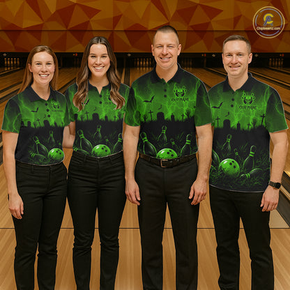 Green Halloween Bowling Shirt, Personalized Skeleton Bowling Shirt With Custom Team Name For Men NHT1524