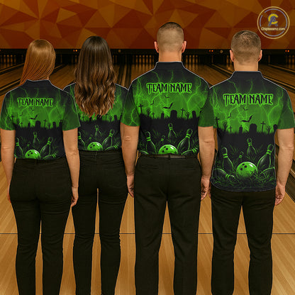 Green Halloween Bowling Shirt, Personalized Skeleton Bowling Shirt With Custom Team Name For Women NHT1524