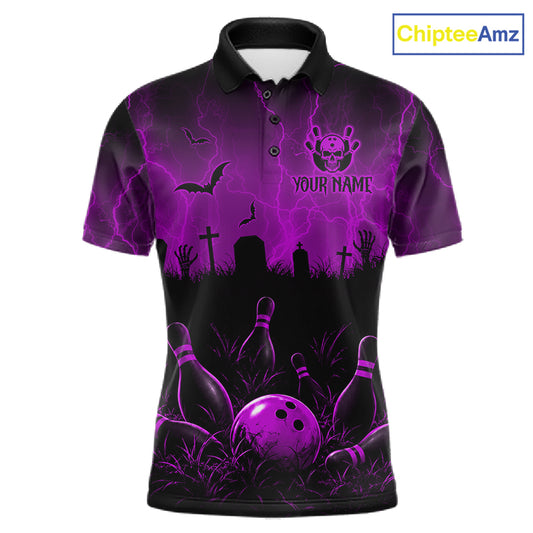 Purple Halloween Bowling Shirt, Personalized Skeleton Bowling Shirt With Custom Team Name For Men NHT1525