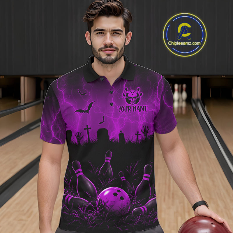 Purple Halloween Bowling Shirt, Personalized Skeleton Bowling Shirt With Custom Team Name For Men NHT1525