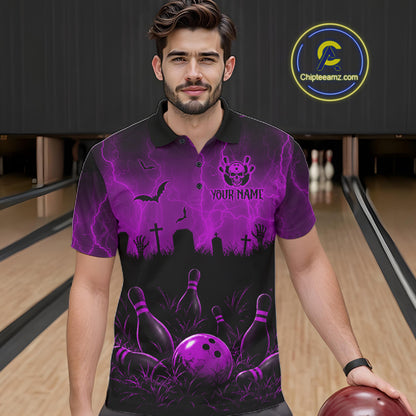 Purple Halloween Bowling Shirt, Personalized Skeleton Bowling Shirt With Custom Team Name For Men NHT1525
