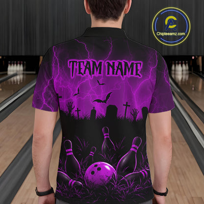 Purple Halloween Bowling Shirt, Personalized Skeleton Bowling Shirt With Custom Team Name For Men NHT1525