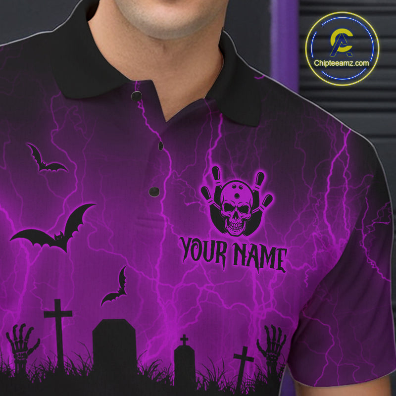 Purple Halloween Bowling Shirt, Personalized Skeleton Bowling Shirt With Custom Team Name For Men NHT1525