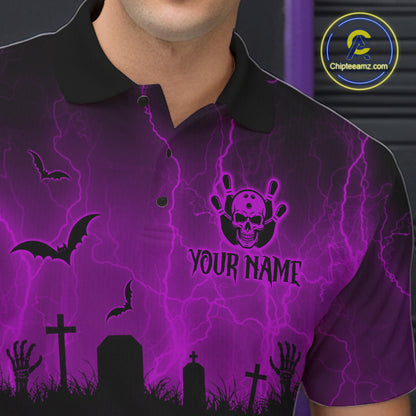 Purple Halloween Bowling Shirt, Personalized Skeleton Bowling Shirt With Custom Team Name For Men NHT1525