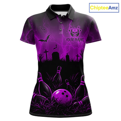 Purple Halloween Bowling Shirt, Personalized Skeleton Bowling Shirt With Custom Team Name For Women NHT1525